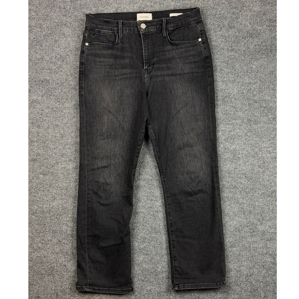 Frame Le High Straight Leg Jeans Tinsley Faded Black Denim 32 12 Cropped LHST418